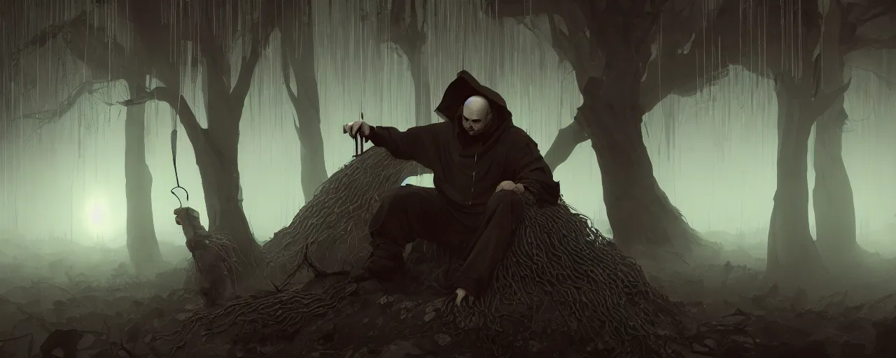 Image similar to duotone noir illustration close up of bald merchant demon sitting below willow tree in medieval brown tunic. foggy evening. dark dream atmosphere with volumetric hellish lighting, by sachin teng and sergey kolesov and ruan jia and heng z. graffiti art, scifi, fantasy, hyper detailed. octane render. concept art. trending on artstation