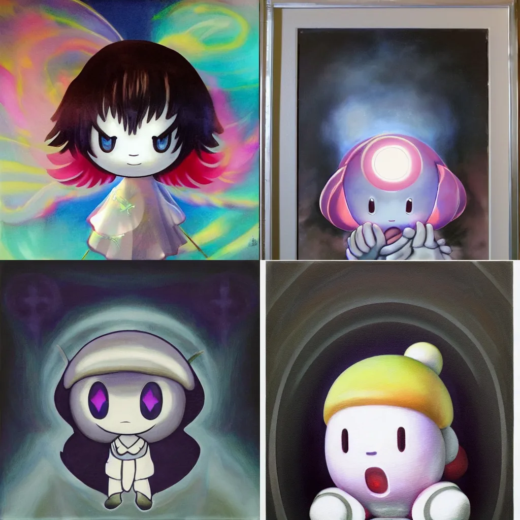 Prompt: A painting of a white silver Kirby, the nintendo videogame characther kirby, very ethereal, silver color, dark, chiaroscuro, nacre, pastel oil inks, paint-on-glass painting by Chiho Aoshima, Yoshitomo Nara, Huang Yuxing and Aya Takano , Superflat art movement, chibi, soft pastel colors, The effect of guidance on a mixture of three Gaussians, each mixture component representing data conditioned on a class. The leftmost plot is the non-guided marginal density. Left to right are densities of mixtures of normalized guided conditionals with increasing guidance strength, painting by Chiho Aoshima, Yoshitomo Nara and Aya Takano, ethereal, beatifull lightning, realistic lighting. Kirby, an oil painting of a nostalgic nacar and tortoiseshell Hyacinth surrounded by foliage, dreamy autochrome dreamy 80s nostalgic pinhole photography, futuristic yw2k white pure estructure liminal