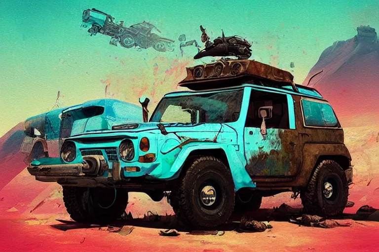 Image similar to digital illustration of a futuristic faded cyan mad max's fj 4 0 decrepit!!!! pursuit special, rusty!!! cyberpunk nissan fj cruiser heavily modded 1 9 9 0 s, the last v 8 interceptor by makoto shinkai, ilya kuvshinov, lois van baarle, rossdraws, basquiat