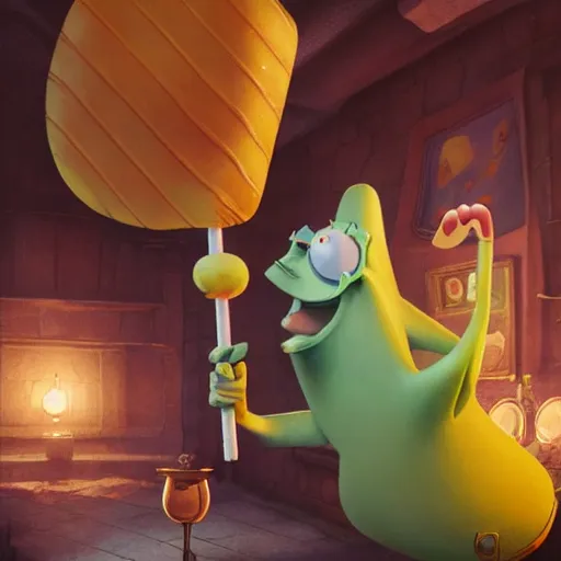 Image similar to a beautiful portrait of an epic fantasy style spongebob holding a giant lollipop and wearing a pair of old fashioned aviator goggles, Bikini Bottom is the background, insanely detailed, 3D art, Greg Rutkowski, Charlie Bowater, unreal 5, DAZ, Maya Render, hyperrealistic, octane render, RPG portrait, dynamic lighting, fantasy art