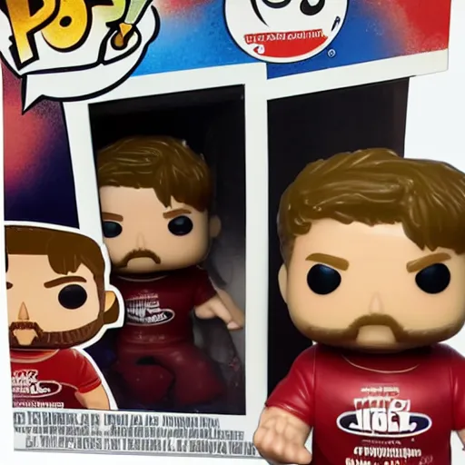 Prompt: a 30 year old a bit overweight white guy with a red tshirt and short dark blonde hair funko pop close up highly detailed photo