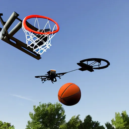 Image similar to flying drone robot with basketball hoop on drone robot body