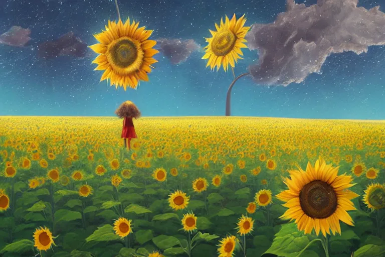 Image similar to giant sunflower as a head, girl walking in daisy field, hills, surreal photography, dark night, star trails, dramatic light, impressionist painting, clouds, digital painting, artstation, simon stalenhag