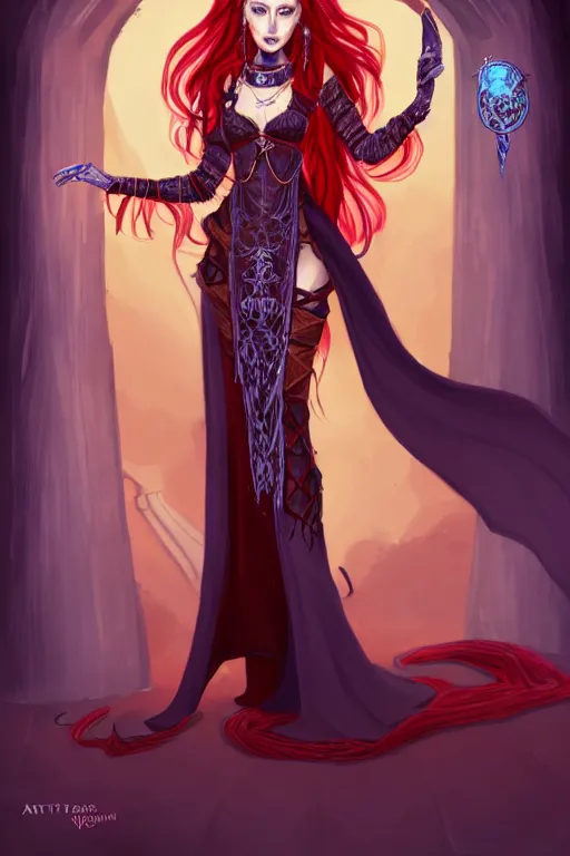 Prompt: a full body portrait of a gorgeous female sorceress, looking at camera, D&D, choker on neck, stylish dress with arcane magic symbols, very long flowing red hair, intricate, elegant, stylish, cute slightly nerdy smile, mouth slightly open, fantasy, extremely detailed, digital painting, artstation, concept art, smooth, sharp focus, illustration, stunning lighting, art by artgerm and greg rutkowski and alphonse mucha and simon stalenhag