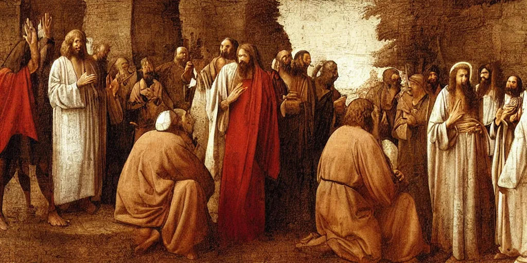 Image similar to high queality painting, jesus christ talking to the people in judea, by leonardo davinci