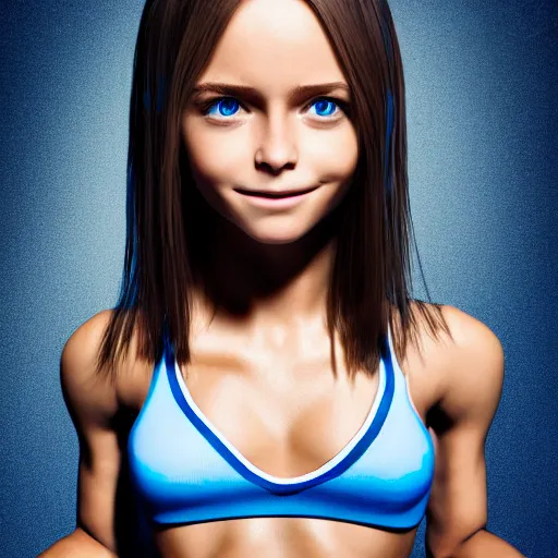 Image similar to hyperrealistic full figure portrait of a cute thin young girl, athletic body, six pack, abs, concentrated look, cute smile, highly detailed, detailed face and eyes, long black hair, flushed face, blue eyes,, volumetric lighting, 8 k, art photography, sport photography