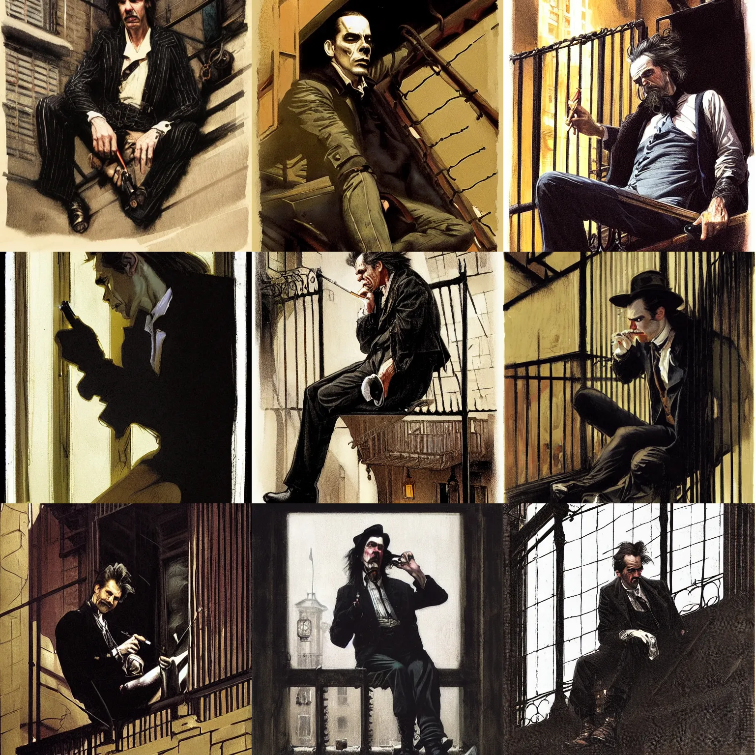 Prompt: character portrait of a rugged nick cave sitting down on a fire escape smoking a cigarette in gothic london, gothic, john singer sargent, muted colors, moody colors, illustration, digital illustration, amazing values, art by j. c. leyendecker, joseph christian leyendecker, william - adolphe bouguerea, graphic style, dramatic lighting, gothic lighting