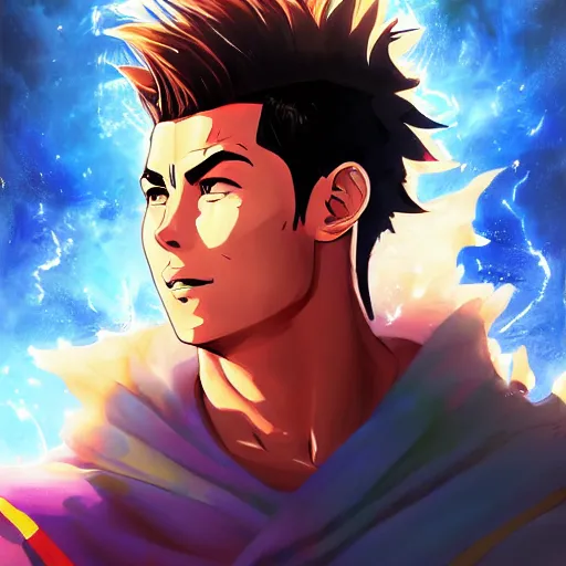 Image similar to anime portrait of Cristiano Ronaldo as a shaman yedi using dark force to eliminate Messi as an anime antagonist by Stanley Artgerm Lau, WLOP, Rossdraws, James Jean, Andrei Riabovitchev, Marc Simonetti, and Sakimichan, trending on artstation