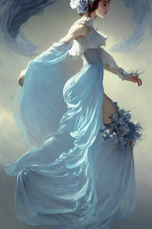 Image similar to woman dressed in a vaporous wrapped large victorian pale blue roses silk semi-transparent dress fashion is running D&D, fantasy, intricate, elegant, highly detailed, digital painting, artstation, concept art, matte, sharp focus, illustration, art by Artgerm and Greg Rutkowski and Alphonse Mucha