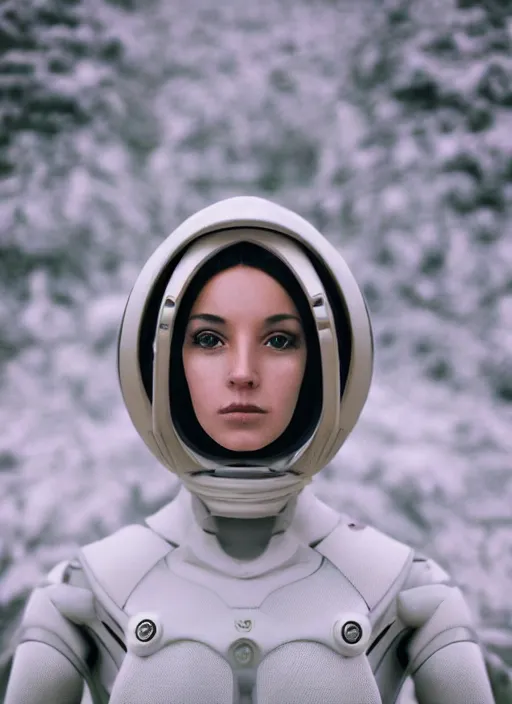 Prompt: photograph portrait of a very pretty!!! woman! symmetric face, petzval lens. out of focus, in a bio mechanical astronaut costume. futuristic helmet. by alesio albi and george lucas and stanley kubrick