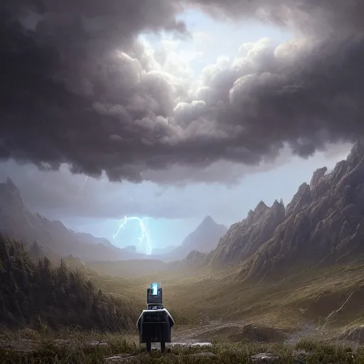 Image similar to a beautiful stunning insanely detailed complex matte painting of a robot wanderer looking at a storm in the distance. mountains, epic scale, vast, by Greg Rutkowski, artstation