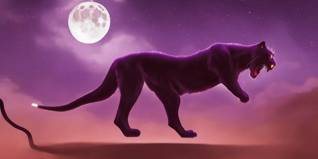 Image similar to digital painting of a large purple colored panther roaring at night. large moon in the center of the background. digital drawing, illustration, 4 k, render, matte, highly detailed, artstation, realistic, dramatic, darkness, moon.