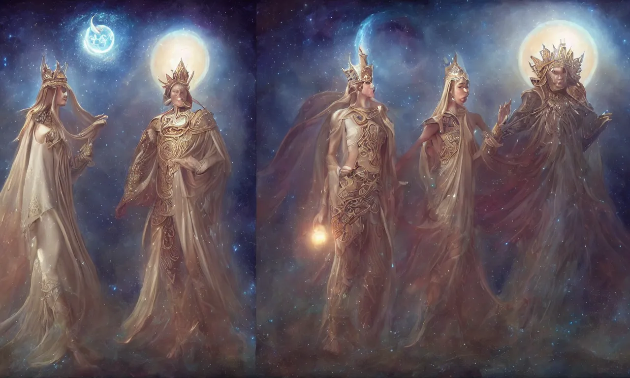 Prompt: sun king and moon queen in the cosmic court of mystical astronomy, art by tom bagshaw and marc simonetti