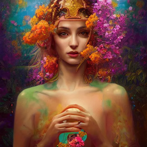 Prompt: a portrait oil painting of a singular beautiful female godess of spring with colorful flowers, holy geometry, tarot card style, by Mohrbacher and Moebius, cinematic lighting, masterpiece, golden ratio background, highly detailed, 8k resolution, trending on art station