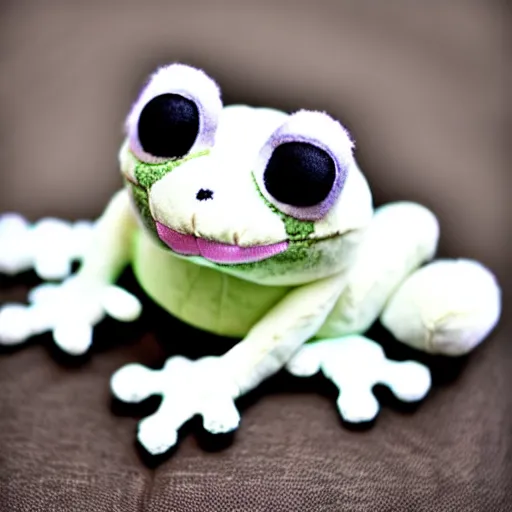 Prompt: cute fluffy plushie frog, cutecore, kawaii, stuffed animal photography,
