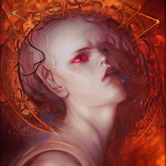 Image similar to a highly detailed beautiful portrait in the style of peter mohrbacher and in the style of jean delville. glowing runes of magical power.