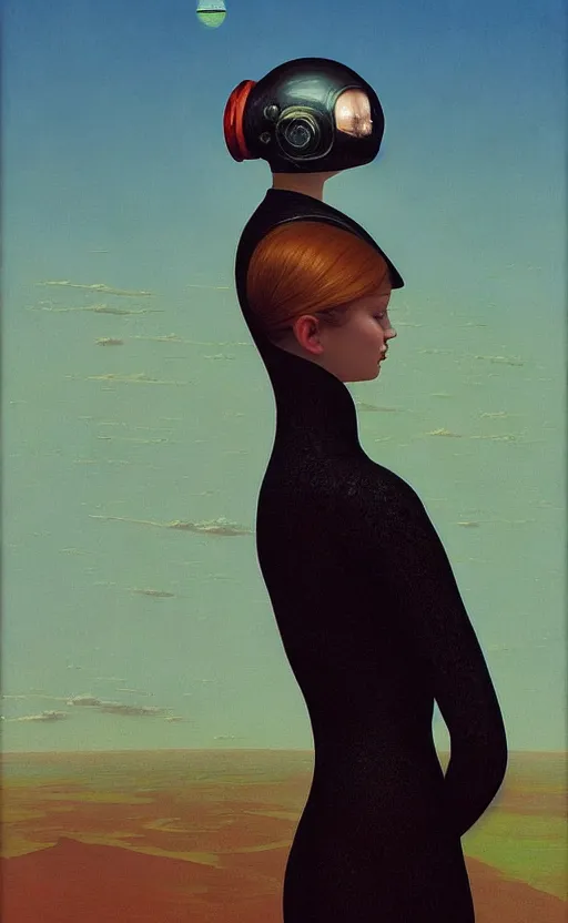 Prompt: portrait An astronaut girl wearing helmet with black lace dress, Edward Hopper and James Gilleard, Zdzislaw Beksinski, Mark Ryden, Wolfgang Lettl highly detailed