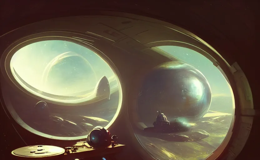 Prompt: spaceship interior with a round window with a view on a planet, fantasy, natural light, concept art, by greg rutkowski, cozy atmospheric and cinematic lighting, trending on artstation