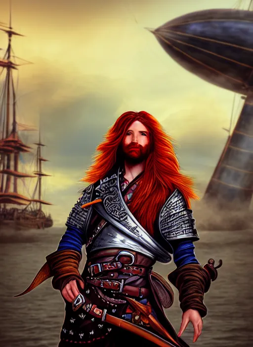 Image similar to An epic fantasy comic book style portrait painting of a long haired, red headed male sky-pirate in front of an airship in the style of the wheel of time, unreal 5, DAZ, hyperrealistic, octane render, cosplay, RPG portrait, dynamic lighting