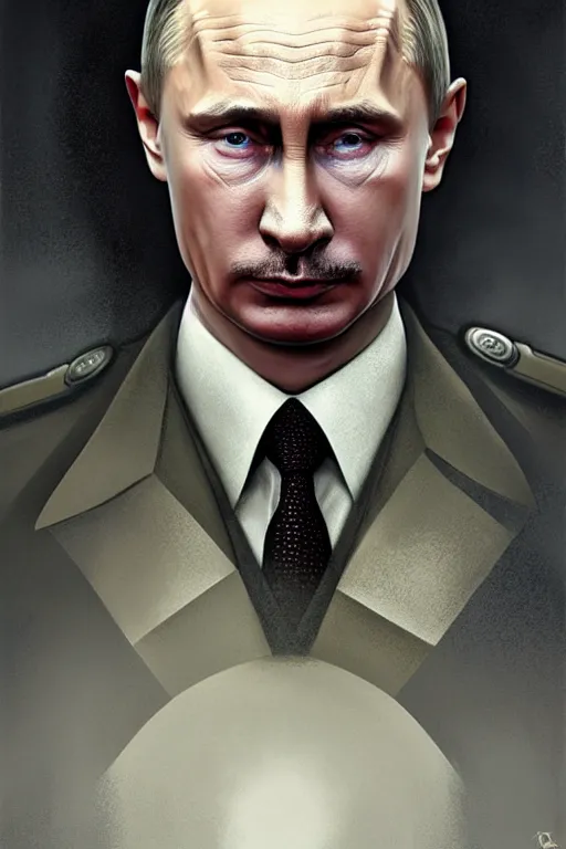 Image similar to vladimir putin as hitler, realistic portrait, symmetrical, highly detailed, digital painting, artstation, concept art, smooth, sharp focus, illustration, cinematic lighting, art by artgerm and greg rutkowski and alphonse mucha