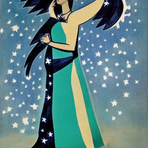 Image similar to navajo green distorted by arturo souto, by kees scherer. a conceptual art of a woman with wings made of stars, surrounded by a blue & white night sky. the woman is holding a staff in one hand, & a star in the other. she is wearing a billowing dress, & her hair is blowing in the wind.