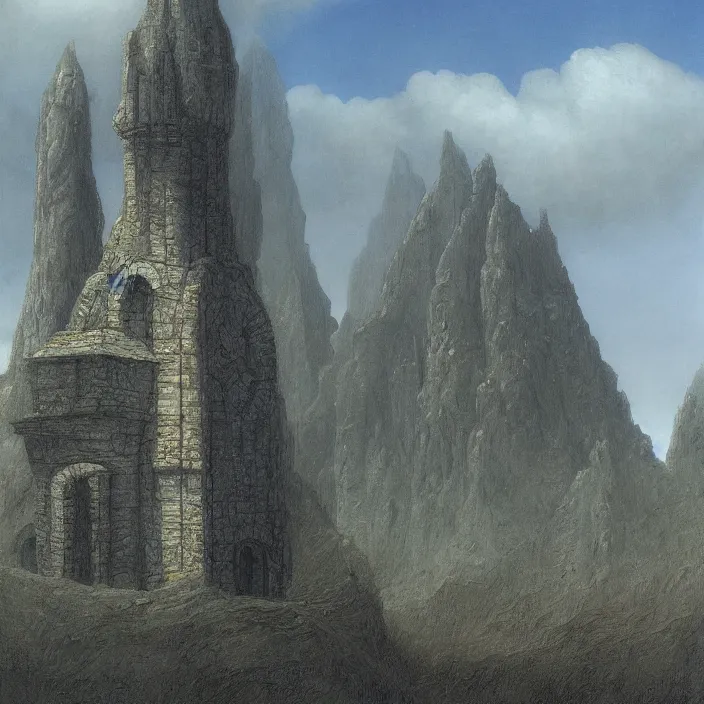 Prompt: a building in a landscape, by john howe