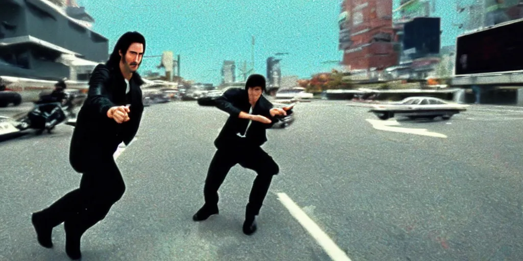 Prompt: beautiful hyperrealism three point perspective film still of Keanu Reeves as neo in bullet time aiming two uzi at agent smith in a nice oceanfront promenade motorcycle chase scene in Matrix meets kagemusha(1990) extreme closeup portrait in style of 1990s frontiers in translucent porclein miniature street photography seinen manga fashion edition,, tilt shift style scene background, soft lighting, Kodak Portra 400, cinematic style, telephoto by Emmanuel Lubezki