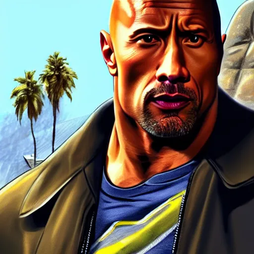 Prompt: Dwayne Johnson in GTA V, cover art by Stephen Bliss, artstation, no text