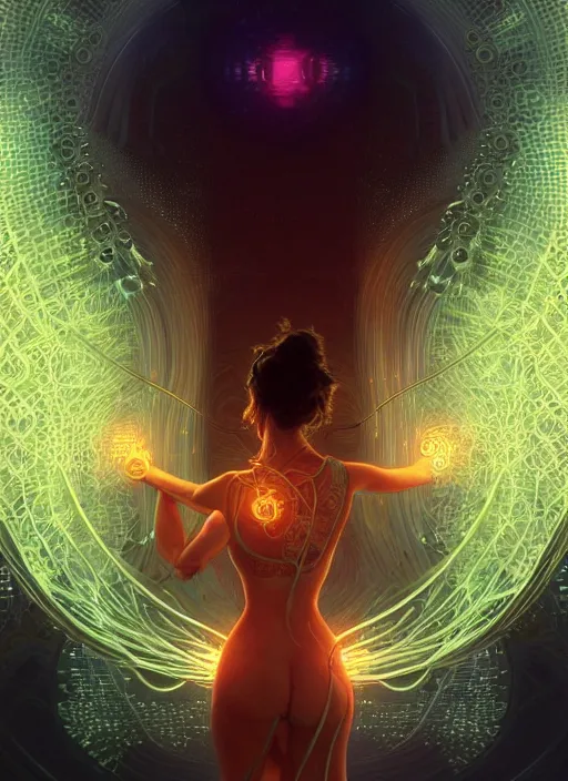 Prompt: fractals!!, water, hybrids, tech wear, scifi, glowing lights!! intricate elegant, kat dennings, highly detailed, digital painting, artstation, concept art, smooth, sharp focus, thin glowing wires, illustration, art by artgerm and greg rutkowski and alphonse mucha, singularity!!!