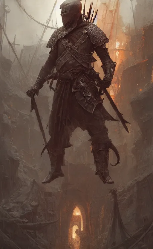 Prompt: distant view of medieval knight cutting in half a pirate, front game card, drark, marvel comics, dark, intricate, highly detailed, smooth, artstation, digital illustration by ruan jia and mandy jurgens and artgerm and wayne barlowe and greg rutkowski and zdislav beksinski