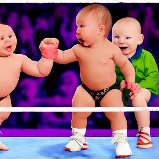 Prompt: babies pro wrestling in the wwe, 4 k, photorealistic