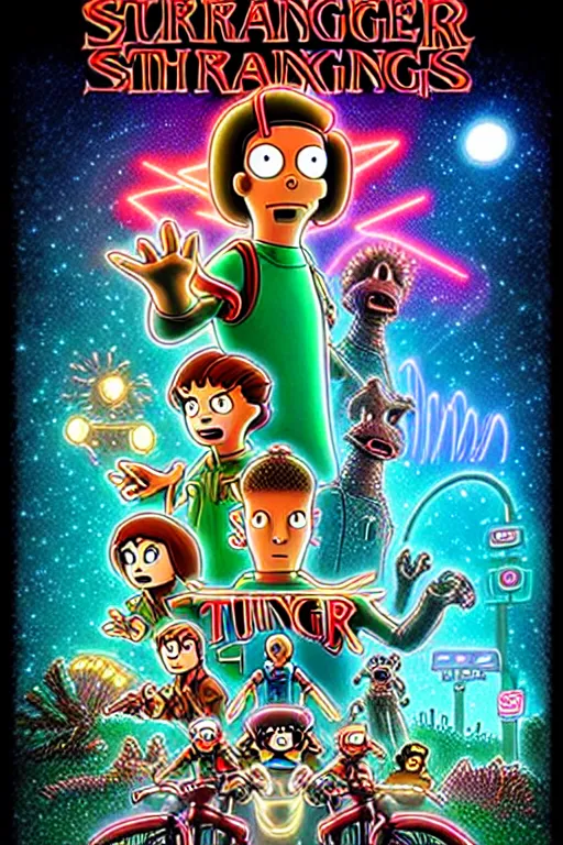 Image similar to animated version of Futurama Stranger Things poster by Matt Groening, cartoon, detailed faces, high resolution, hyper detailed, intricate, illustrated, dramatic lighting !n-9