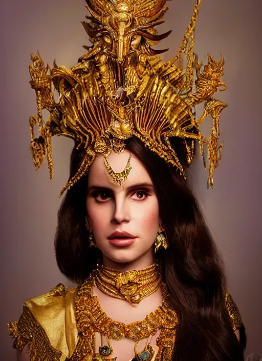 Prompt: studio photograph of lana del rey as shiva, clear facial features by john singer sargent, beautiful extravagant costume details, jewelry, beautiful lighting, octane.