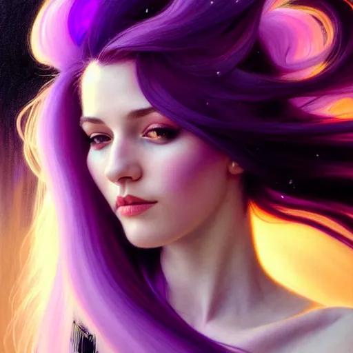 Image similar to Purple hair relistic Portrait of a woman with bright colored flying hair, all shades of purple. Beauty face, Hair coloring, fantasy, intricate, elegant, highly detailed, digital painting, artstation, concept art, smooth, sharp focus, illustration, art by artgerm and greg rutkowski and alphonse mucha