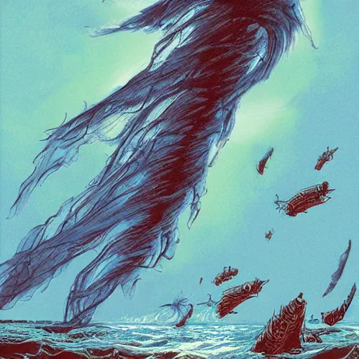 Image similar to tornado made of fishes illustration artwork cgart trending on artstation by jean giraud cinematic