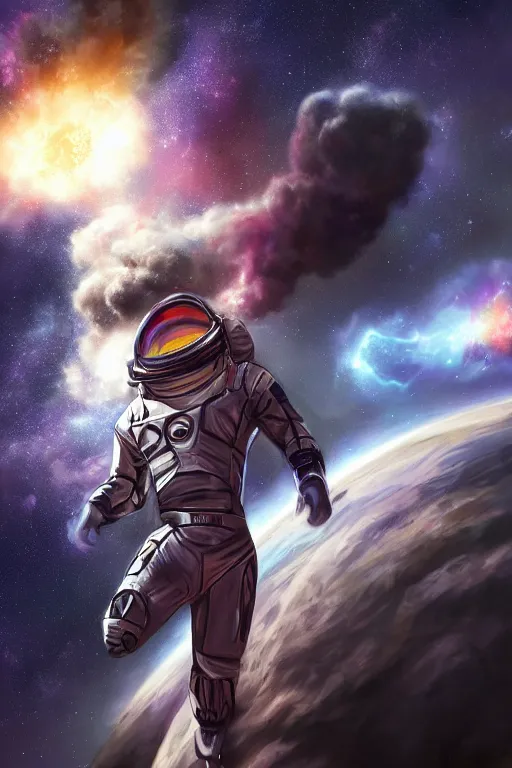 Prompt: cinematic action shot of a handsome african-american man in an advanced spacesuit floating in front of exploding nebulae halos, digital illustration trending on artstation by artgerm and rutkowski