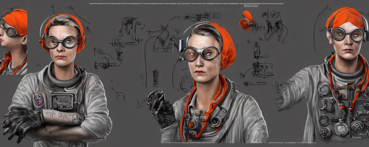 Image similar to character concept art 3 / 4 portrait of tattooed stoic heroic emotionless butch blonde woman engineer with short slicked - back hair, wearing dark victorian goggles, wearing orange bandana around neck, working inside reactor room, awkward and uncomfortable and anxious, dirty, ron cobb. industrial space program, scifi, hyper detailed. octane render. trending on artstation