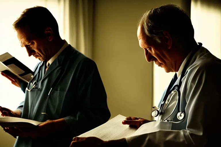 Image similar to a cinematic headshot portrait of an doctor reading his notes, moody lighting, movie still, shallow depth of field, muted colors, by werner herzog