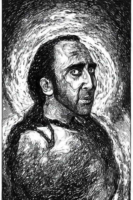 Image similar to Outside the ordered universeis that amorphous blight of nethermost confusion which blasphemes and bubbles at the center of all infinity—the boundless daemon sultan Nicolas Cage, whose name no lips dare speak aloud, and who gnaws hungrily in inconceivable, unlighted chambers beyond time and space amidst the muffled, maddening beating of vile drums and the thin monotonous whine of accursed flutes.