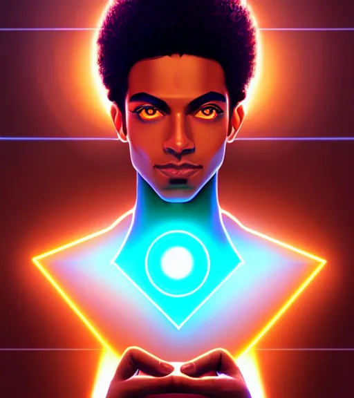 Image similar to symmetry!! egyptian prince of technology, solid cube of light, hard edges, product render retro - futuristic poster scifi, lasers and neon circuits, brown skin man egyptian prince, intricate, elegant, highly detailed, digital painting, artstation, concept art, smooth, sharp focus, illustration, dreamlike, art by artgerm