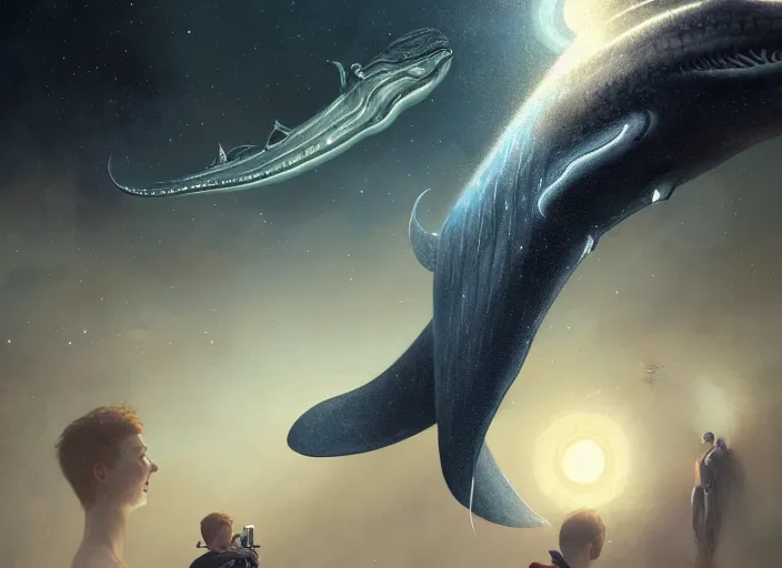 Image similar to highly detailed illustration of space whales, artstation, cinematic lighting, hyperdetailed, cgsociety, 8k, high resolution, Charlie Bowater, Tom Bagshaw, Norman Rockwell, insanely detailed and intricate