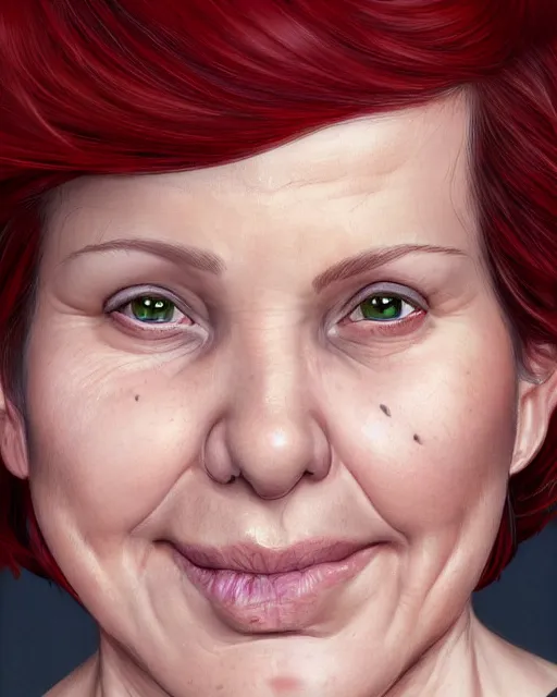 Image similar to portrait of happy short and plump 5 0 - year - old woman with red hair and, kind face, short hair, wearing in blouse, hyper realistic face, beautiful eyes, character art, art by mark brooks, hyperdetailed, cryengine, trending on artstation, digital art