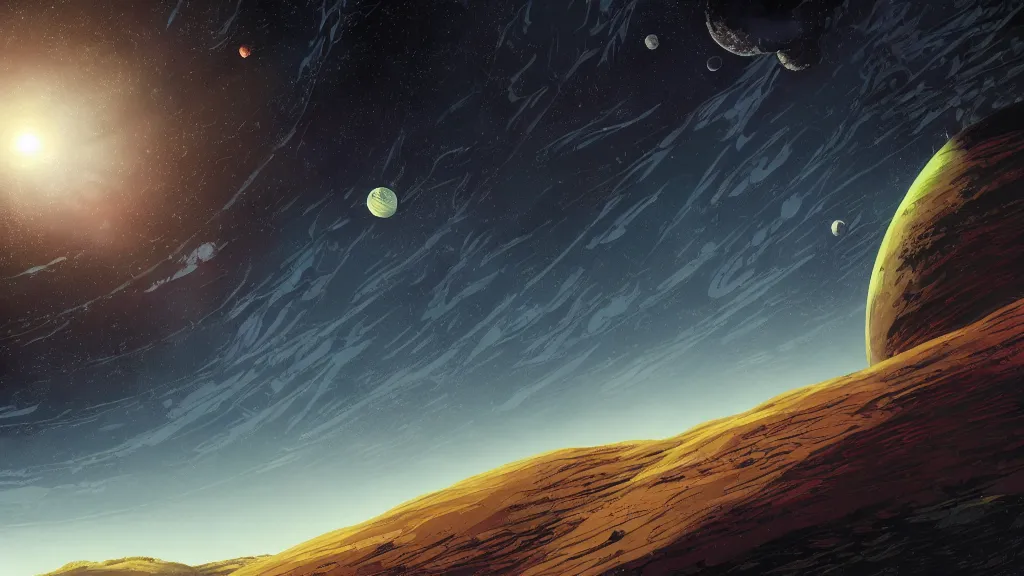 Image similar to very detailed, prophet graphic novel, ilya kuvshinov, rutkowski, simon roy, illustration of a planet viewed from space, wide shot, colorful, deep shadows,