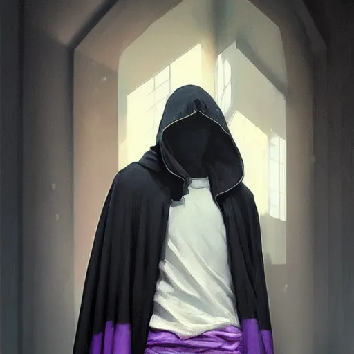 Image similar to ultra realistic illustration, man in a black hood, in a striped purple balaclava, mysterious, highly detailed, digital painting, artstation, concept art, smooth, sharp focus, illustration, art by artgerm and greg rutkowski and alphonse mucha