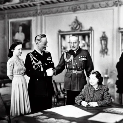 Image similar to ultra wide 1 9 4 6 historical photo of a single german general signing a peace treaty, a young queen elizabeth holds a corgi and watches the general sign the treaty, french village interior, highly detailed, sharp focus
