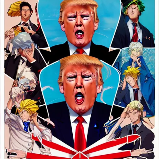 Image similar to donald trump as a jojo character, studio portrait, anime key visual, by wlop, alphonse mucha, extremely detailed