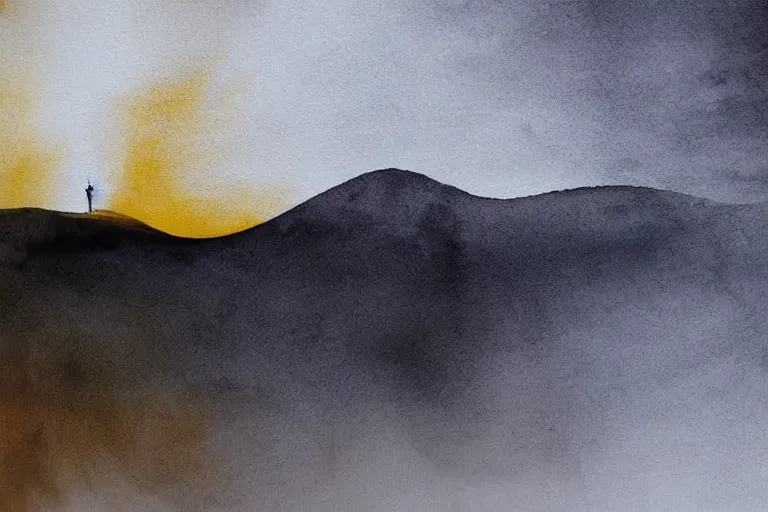 Image similar to beautiful serene walk to the top of the hill to see the wast horizon, healing through motion, life, minimalistic golden and ink airbrush painting on white background, pristine dream