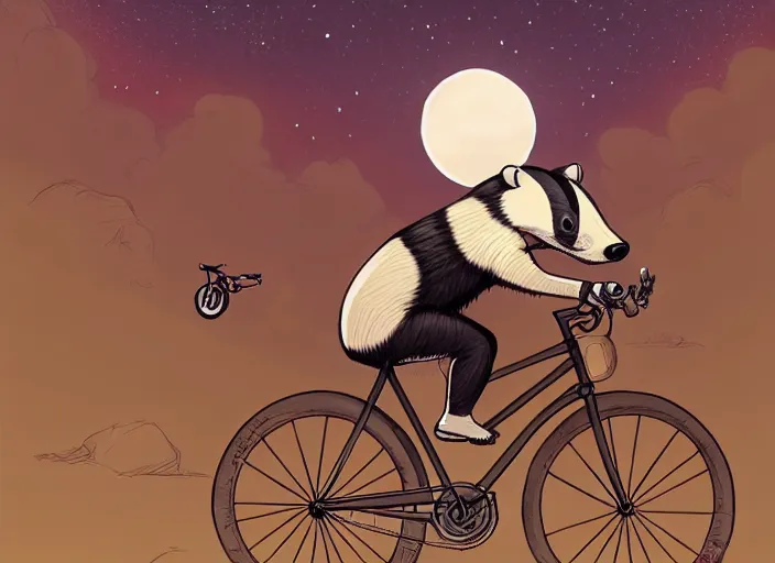 Image similar to a cell shaded cartoon badger riding a bicycle, with a big head, on a desert road, wide shot, in front of a big moon, muted colors, post grunge, josan gonzales, wlop, by james jean, victor ngai, hq, deviantart, art by artgerm