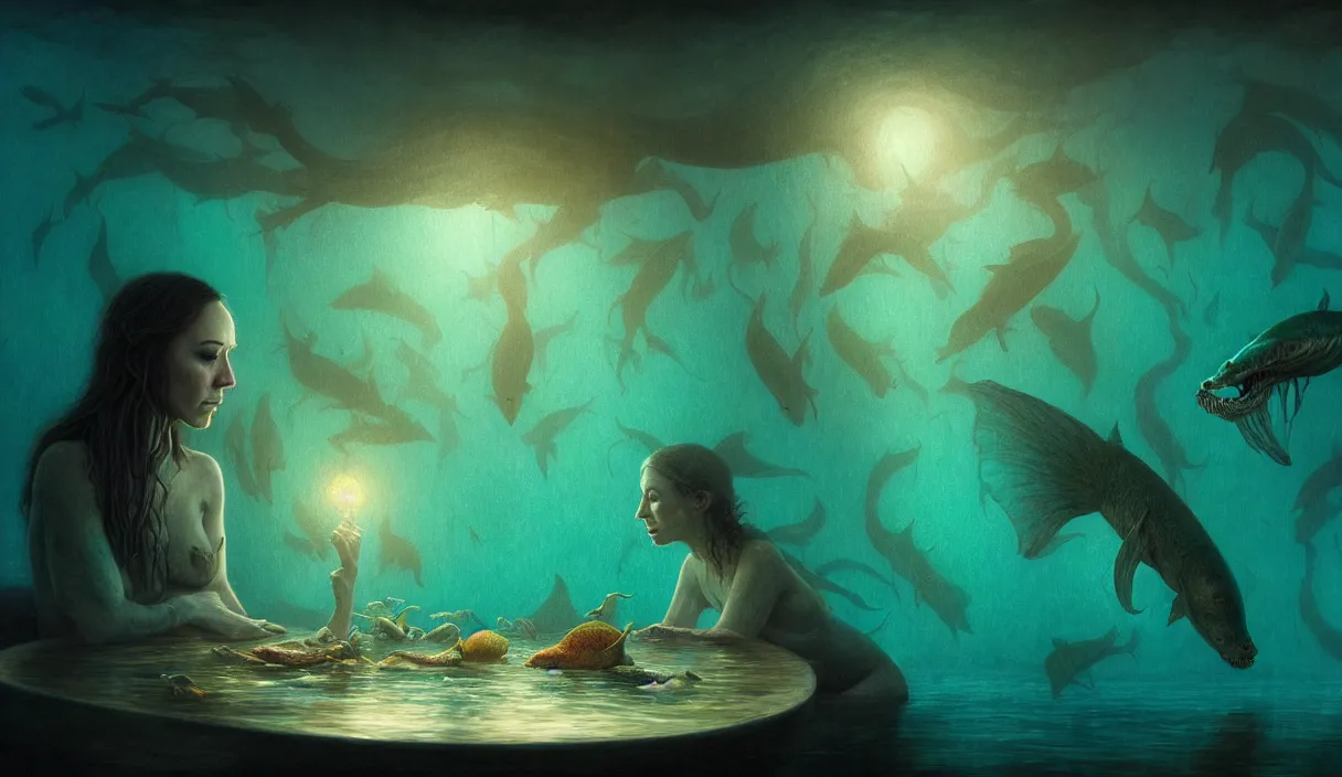 Image similar to epic professional digital art of hungry life, ambient teal light, painted, mysterious, closeup cinematic aquatic scene, eerie, mythic, detailed, intricate, grand, leesha hannigan, wayne haag, reyna rochin, ignacio fernandez rios, mark ryden, van herpen, artstation, cgsociety, epic, stunning, gorgeous, wow wow detail