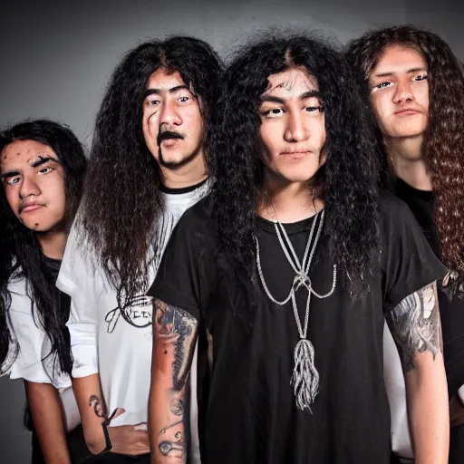 Image similar to group of ethnically diverse 19-year-old boys and girls with long permed wavy hair, stoner rock, traditional heavy metal, heavy rock, band promo image, 2022 HD photograph